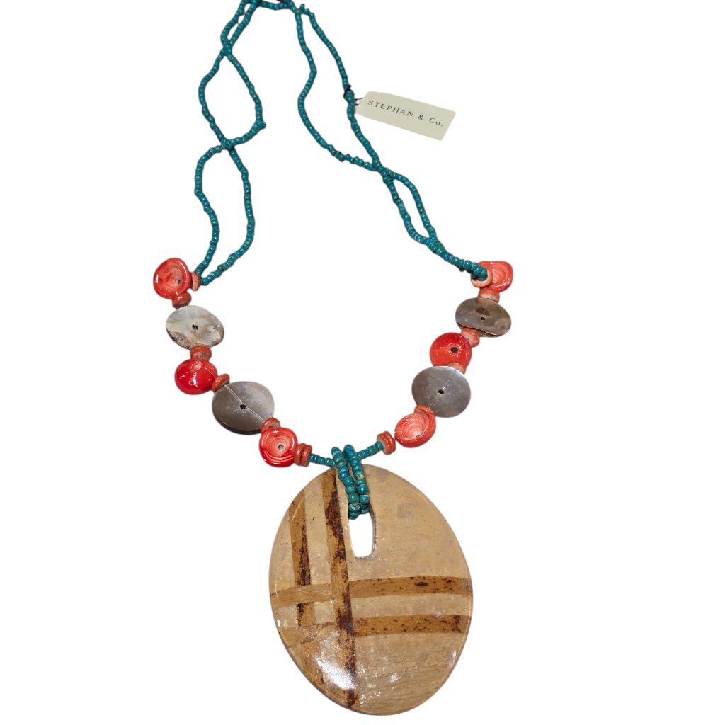 Stephan Co Bohemian Wood Beaded Turquoise Orange Necklace Nwt 11$